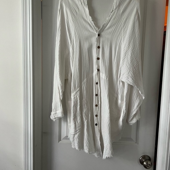 Women's White Button-Up Gauze Tunic Button Down, Swim Cover Up - Picture 2 of 4